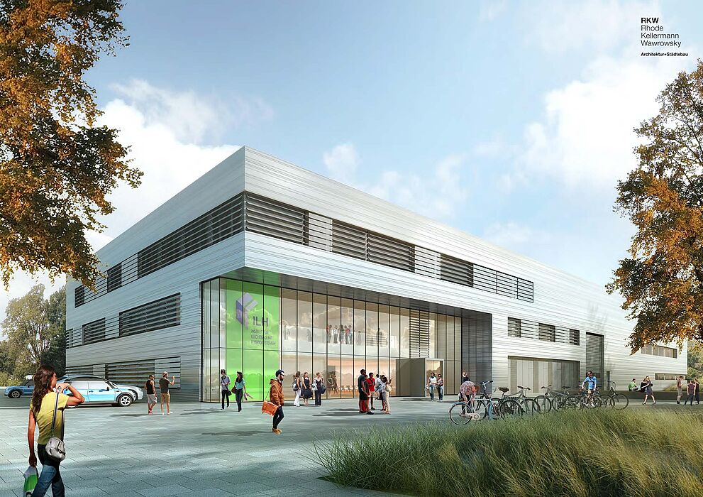Grafische Darstellung (RKW Rhode Kellermann Wawrowsky Architektur & Städtebau): So wird das neue Forschungsgebäude „Leichtbau mit Hybridwerkstoffen“ nach Fertigstellung im Jahr 2018 voraussichtlich aussehen.